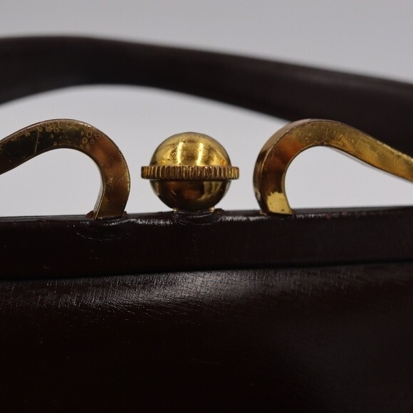Vintage 1960s Large Brown Leather Handbag Gold Frame Kiss Lock Purse - Picture 5 of 16